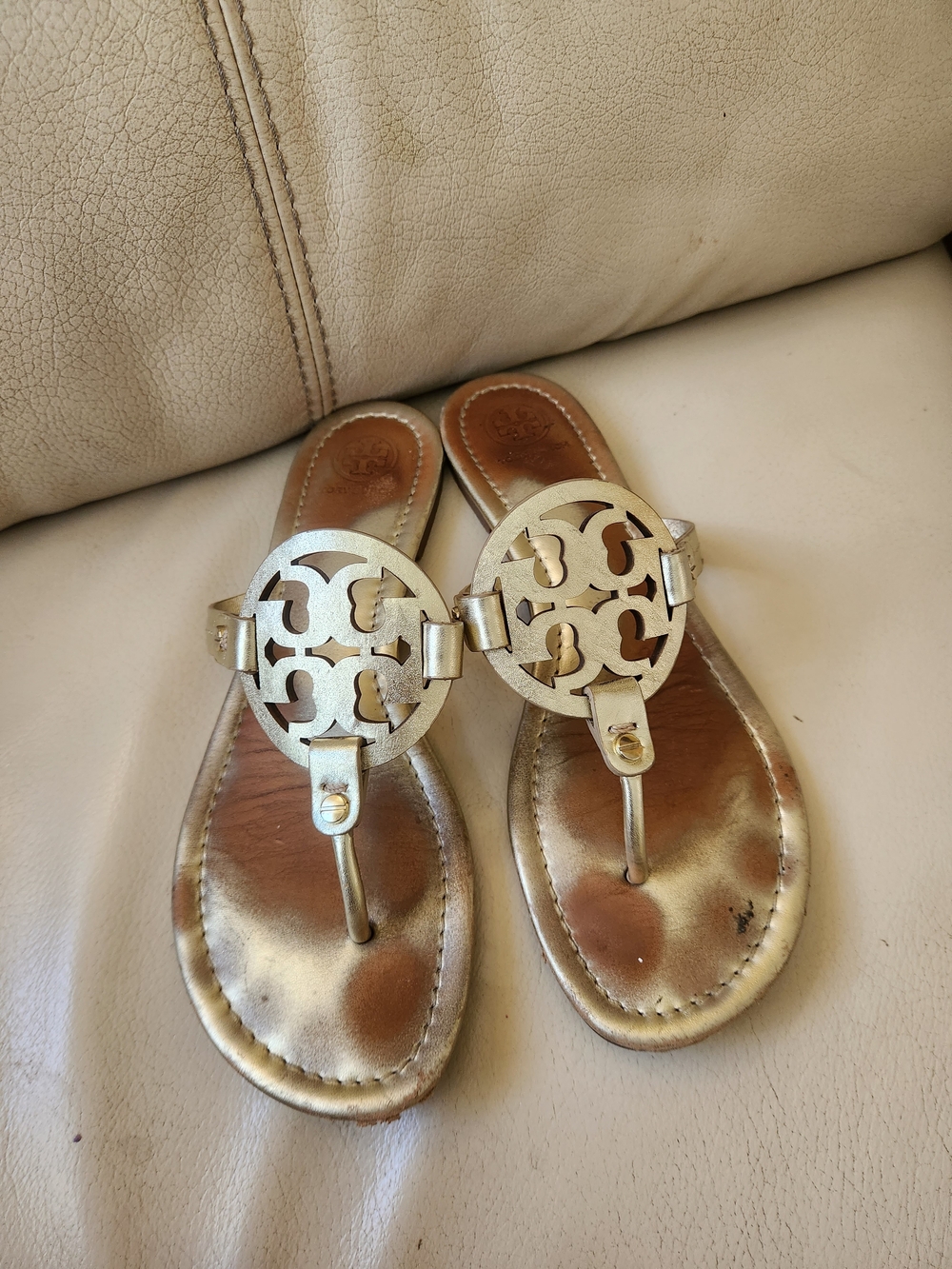 Tory Burch Metallic Gold Logo Cutout Thong Sandals